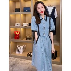 임산부 수유 여름 루즈핏 날씬해 보이는 미디 반팔 차이나 데님 원피스