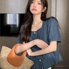 투니스 여성 트렌디 루즈핏 스퀘어넥 데님 반소매 셔츠