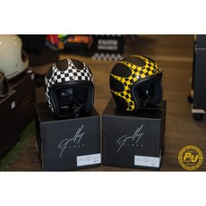 P&J 捷寶 騎士部品 Gallop P51 復古 小帽體 賽車格 飛鏢彩繪 安全帽, 消光黑/黃格,L, 1個