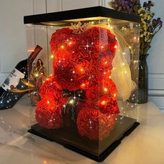 玫瑰花熊 浪漫玫瑰花告白熊 PE仿真玫瑰 抱抱熊 永生花熊 教師節花束 情人節禮物 生日禮物 求婚禮物, 40cm皇冠頭紗高貴紅+燈+禮盒