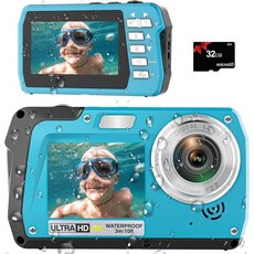 4K30FPS 방수 카메라와 32GB 카드 56메가픽셀 수중 카메라 울트라 HD 영상 기록기 IPS 이중 화면(3인치2인치) 셀카 11피트 디지털 스노클링 여행용 1700mAh