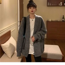 투니스 여성 루즈핏 단색 심플 긴소매 니트 가디건