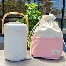 스밈콤마 보온 도시락통+보온 가방 세트, 1세트, 화이트2.2L+핑크가방