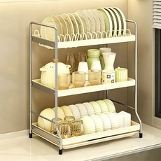 베이스앰 40cm 튼튼한 식기건조대 주방 물빠짐 그릇정리대, 1개, 크림색, 3단