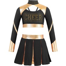 제아타 걸스 치어리딩 유니폼 드레스 2피스 긴팔 라인스톤 크롭탑과 주름 스커트 세트