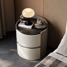 圓形牀頭櫃意式極簡輕奢巖板牀邊櫃高級簡約現代實木臥室收納儲物, 米白色+淺灰色【星隕黑巖板】:寬40*長40*高50cm