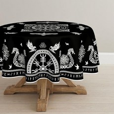Horaldaily 타로 제단 식탁보 152.4 x 152.4cm(60 x 60인치) 원형 블랙 바이킹 생명의 나무 까마귀 헬멧 세탁 가능한 계절 테이블 커버 파티 피크닉
