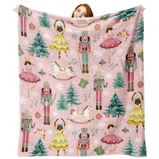 Zzkol 핑크 크리스마스 호두까기 인형 플란넬 담요 귀여운 트리 나무 말 공 생일 선물 어린이 남성 여성용 겨울 휴일 눈송이 부드러운 침구 소파용 127 x 152.4c