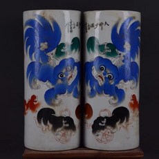 民窯 手繪藍色五彩 獅子帽筒一對 高27.5cm, 如圖所示