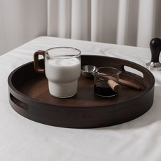 카빈스 카페 원형 손잡이 나무 쟁반 원목 우드 트레이, 1개, 다크브라운