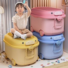 大容量收納 兒童玩具收納箱傢用大容量卡通儲物箱帶輪加厚塑料積木雜物整理箱, 1個, 可愛豬豬-嘟嘟黃【1個裝】,中號【長46寬31高27cm】帶滑輪