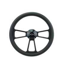 쉐보레 혼 버튼 및 비닐 그립이 있는 35.6cm(14인치) 블랙 5볼트 알루미늄 핸들 - 머슬 스타일 범용 핏, 쉐보레 혼 버튼 및 비닐 그립이 있는 35.6cm(14