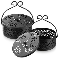 Lallisa 2피스 향 코일 홀더 모기 코일 홀더 레트로 휴대용 원형 금속 벽걸이 향 버너 홀더 손잡이 포함 가정 실내 실외 캠핑 테라스용 (핑크), 2, 블랙