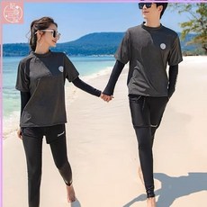 情侶泳衣潛水衣假2件防曬上衣分體兩件式三件式多件式泳衣速乾浮潛衣衝浪水母衣遮肚顯瘦泳衣女長泳褲短褲男五分泳褲, 2406男款上衣+五分褲,XL