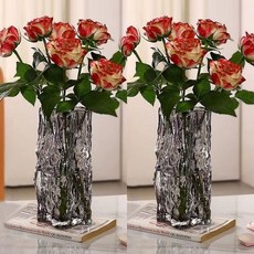유리화병 대형 투명 인테리어 꽃꽂이 수경재배 거실 장식 모던 스타일 테이블 데코 홈 데코용 꽃병, 아이스 락 화병 스모키 애쉬 2개 세트