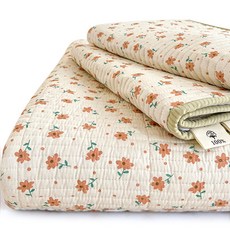 Cozy Aura 순면 60수 사계절 알러지케어 침대패드 양면 이불 패드 스프레드, 베이지 플라워