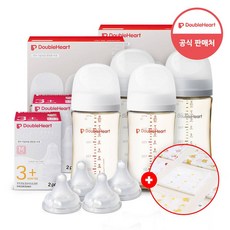 더블하트 모유실감 3세대 PPSU 젖병 트윈팩 1+1(베이직+모먼트)+젖꼭지 4개+손수건증정, 1세트, 240ml, 제뉴인화이트+새벽그레이+젖꼭지M