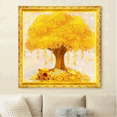 심스타 금전수 황금 돈나무 금나무 실십자수 도안 세트 패키지 돈 복 들어오는 선물, 40x40cm 실크 3가닥자수, 1개