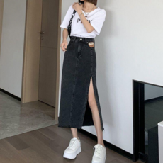 Makone 여성 하이웨이스트 A라인 데님 롱 스커트 데일리 워싱 심플 옆트임 청치마