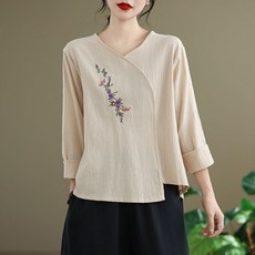 ORZQU 여성 면 마 자수 생활한복 상의 편안한 데일리룩 캐주얼 개량한복 브이넥 긴팔 티셔츠