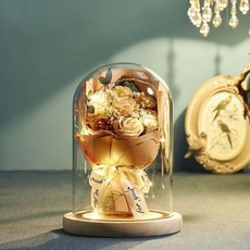 碎冰藍永生花夜燈 乾花玻璃罩 乾燥花夜燈 永生花束 節日禮物 母親節禮物 送禮物女生, 7朵/香檳色送禮袋-抒情