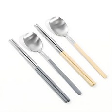 KIVOLI SUS 304 馬卡龍色韓式2人餐具組, 灰色 + 奶油色, 湯匙(2p) + 筷子(2p), 1個