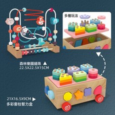 DFMEI 蒙氏早教益智兒童玩具嬰兒寶寶串珠釣魚拼裝配對積木小拖車智力盒, 1個, 升級多功能新款+森林樂園動物繞珠:如圖