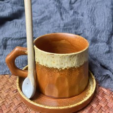 窯變粗陶手衝咖啡杯, 1個, 新寬底咖啡杯-帶勺(流釉黃)310ml:200