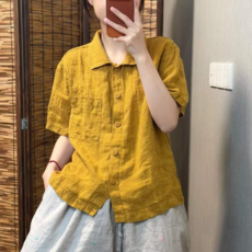 文藝森系棉麻翻領短袖襯衫女寬鬆遮肚顯瘦夏季新款百搭大碼女裝