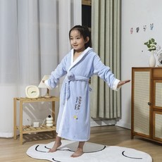 兒童珊瑚絨浴袍 兒童浴袍, 懶哎鴨浴袍淺藍色,M中碼80CM 4-7嵗 100-120