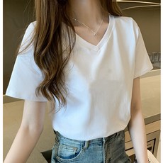 Yellwel V넥 반팔 티셔츠 여름신상 루즈핏 빅사이즈 여성의류 DJP