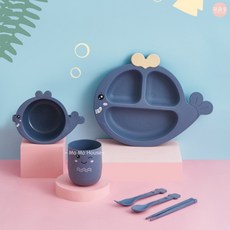 Mo Mo House 兒童餐具組, 1個, 鯨魚餐盤六件組(藍色)