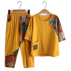 로르카 여성 면마 투피스 빅사이즈 자수 캐주얼 중장년 반팔 티셔츠+바지 세트 K0031330
