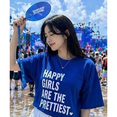 비토샵 여성용 해피걸즈 레터링 세미크롭 박스 반팔티 워터밤 휴가룩 데일리템
