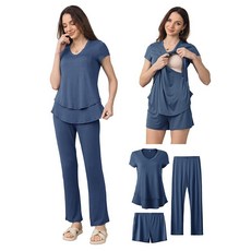 SUN 선캡NYBUY 3피스 임산부 모유 수유 파자마 세트 숨겨진 상의 조절 가능한 임신 반바지 및 바지 산후 파자마 회색. L 231676