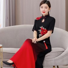 奧黛旗袍2023新款春夏高端舞臺高級感大碼禮儀走秀長款合唱演出服 副廠商品, 1個, 黑色