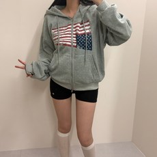 VANANA2 [교복템] 루즈핏 아메리칸 빈티지 투웨이 성조기 프린팅 기모 후드집업