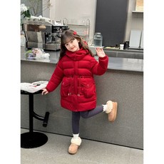 女童秋冬季中長款保暖連帽棉服 - 中大童休閒外套