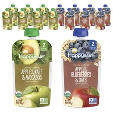 해피베이비 클리어리 크래프티드 어린이 스무디 113g, 16개입, 사과 + 케일 + 아보카도(Apples + Kale + Avocados), 사과 + 블루베리 + 오트(Apple + Blueberries + Oats)