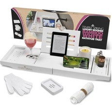 템플 스프링 대나무 욕조 트레이 캐디 욕조 - 견고한 책꽂이 와인 홀더와 미끄럼 방지 패드가 있는 확장 가능한 나무 욕조 트레이 - 대나무 비누 접시 및 스파 액세서리 포함 -, White