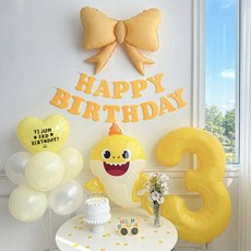 로나파티 생일 풍선 세트 아기상어 두돌 파티 용품 꾸미기 리본 숫자 하트, 아기 상어 세트 옐로우 - 숫자 풍선 3, 1개