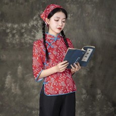 阿慶嫂 碎花采茶村姑民族舞蹈鄉村古裝演出服, 1個, 紅色大花單上衣+頭巾,M