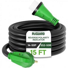 RVGUARD 50암페어 25피트 RV전기차 연장 코드 역극성 표시기 포함 NEMA 1450PR 무거운 작업용 및 정리기 초록색 ETL 인증, 15 Foot Locking