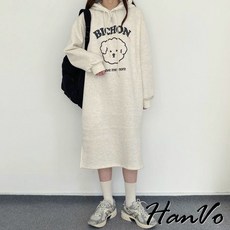 HanVo 棉花狗狗連帽長版洋裝 - 柔軟親膚舒適百搭中長裙 韓系女裝, 灰色, 1個
