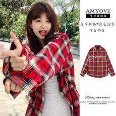AMYOVE多巴胺黃色格子襯衫春秋季新款寬鬆慵懶風長袖襯衣學生 上衣