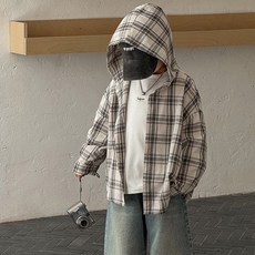 UPPERCUT 아동 후드 체크 긴팔 자켓 초등학생 셔츠 남방 주니어 바람막이 키즈 간절기 점퍼 남녀공용