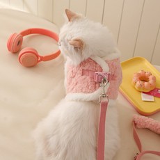 큐트스마트 반려동물용 버클 타입 플리스 하네스 리드줄 세트, 캔디 핑크, 1개