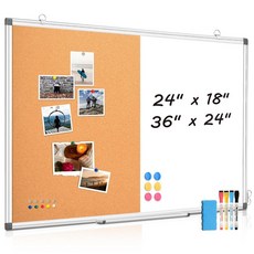 WALGLASS 콤비네이션 마그네틱 화이트보드 및 코르크보드 61 x 45.7cm(24 18인치) 콤보 학교 사무실 가정용 탈착식 트레이 핀 지우개 마커 자석이 있, 2-화이트