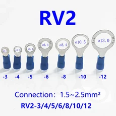 50PCS RV2-3/4/5/6/8/10/12 AWG 16-14 1.5mm²~2.5mm² 링 절연 터미널 구멍 원형 페룰 케이블 러그 황동, 02 RV2-12, 05 Blue