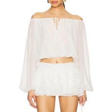 SUNNOW 여성용 시폰 오프숄더 우아한 하늘거리는 블라우스 상의 캐주얼 파티용 긴소매 블라우스 화이트. M